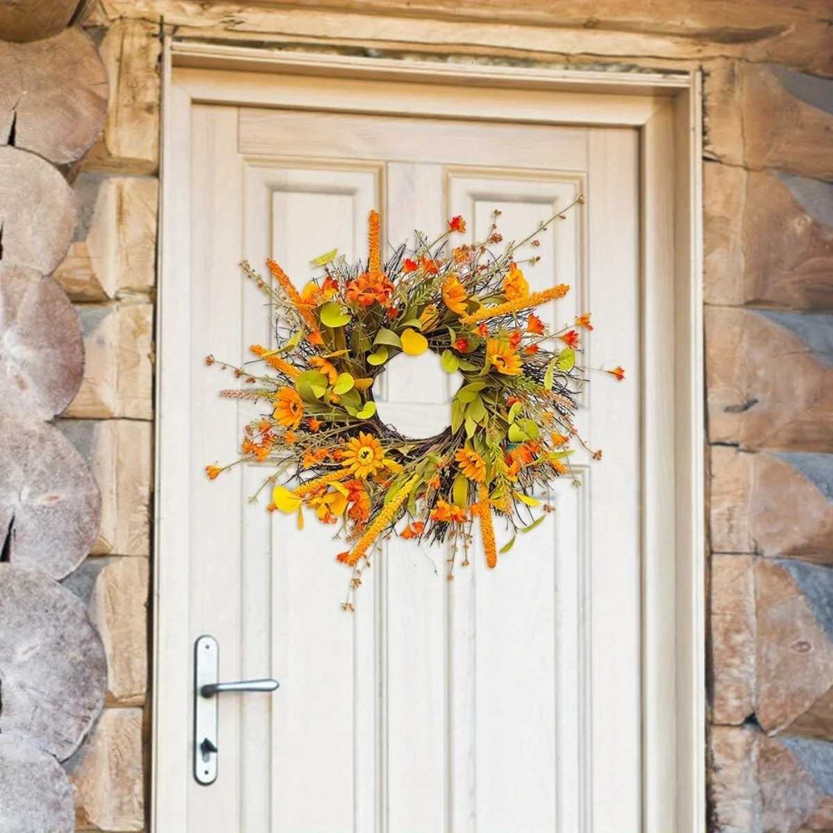 177 Fall Wreath for Front Door Orange Farmhouse Harvest Sunflower Wreath with Daisy Flowers Thanksgiving Wreath for Front Door C251126-image-1086195017