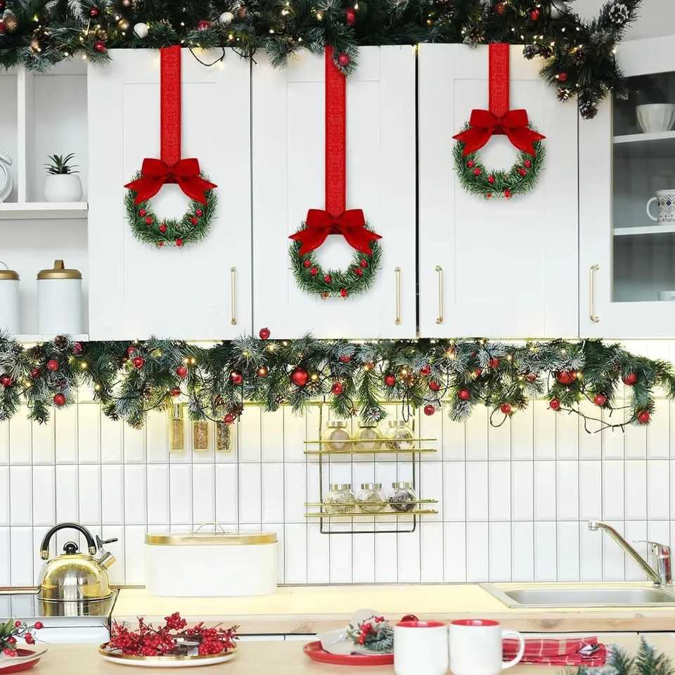 6PCS Christmas Home Wreaths With Plaid Bow Ribbon Hanging Cabinet Doors Wreath Decorative For Kitchen Window Holiday Decor C251126-image-1086195194
