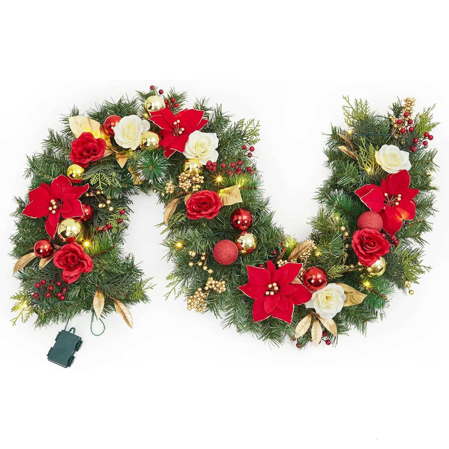 6FT Pre-Lit Christmas Garland with 8 Lighting Modes Red Flowers Gold Berries Artificial Wreath for Home Fireplace Decor C251126-image-1086195453