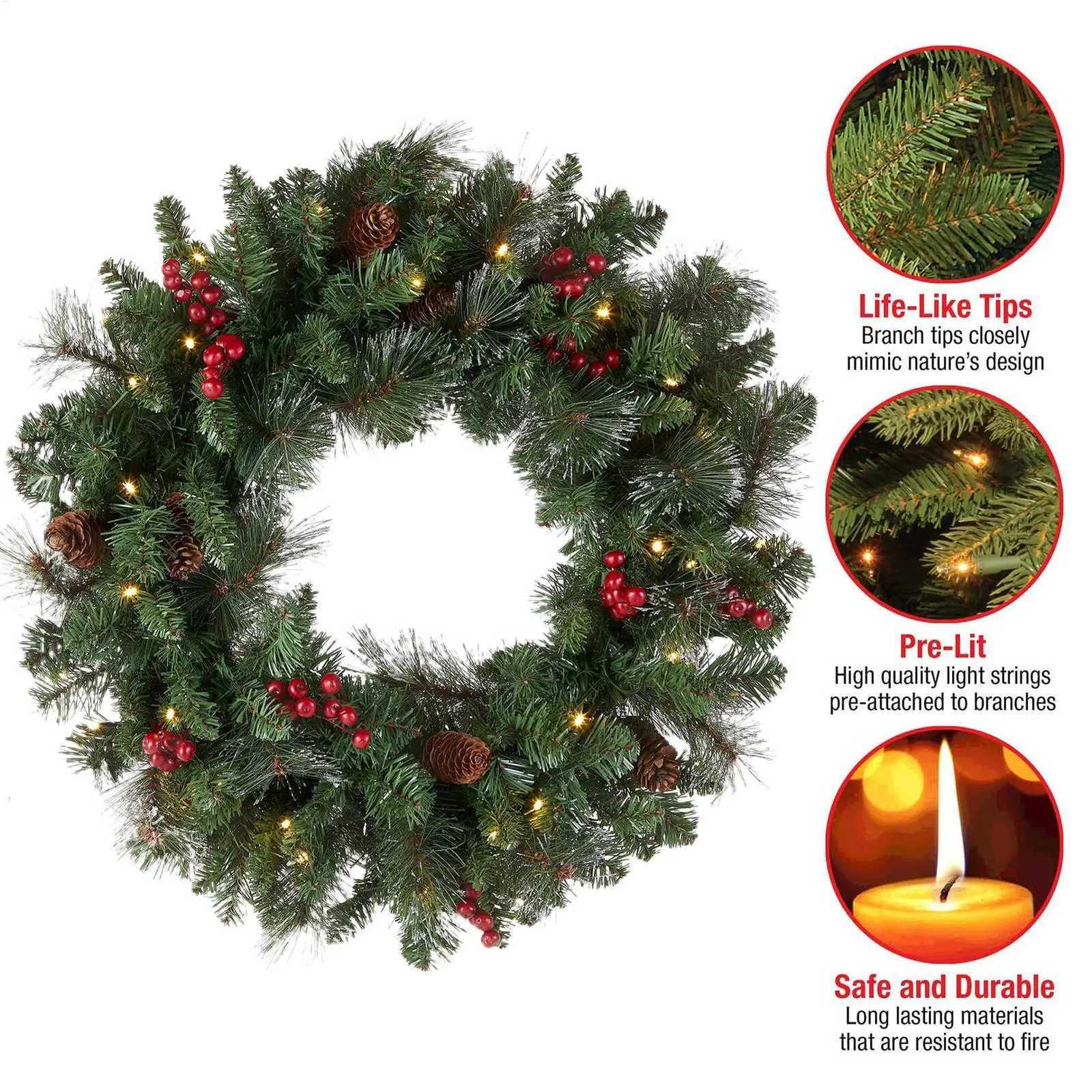 18 Inch Christmas Wreath Artificial Garland With Hook Pine Cone Berry Outdoor Christmas Wreath With Lights For Home Decoration C2511266-image-1086248880