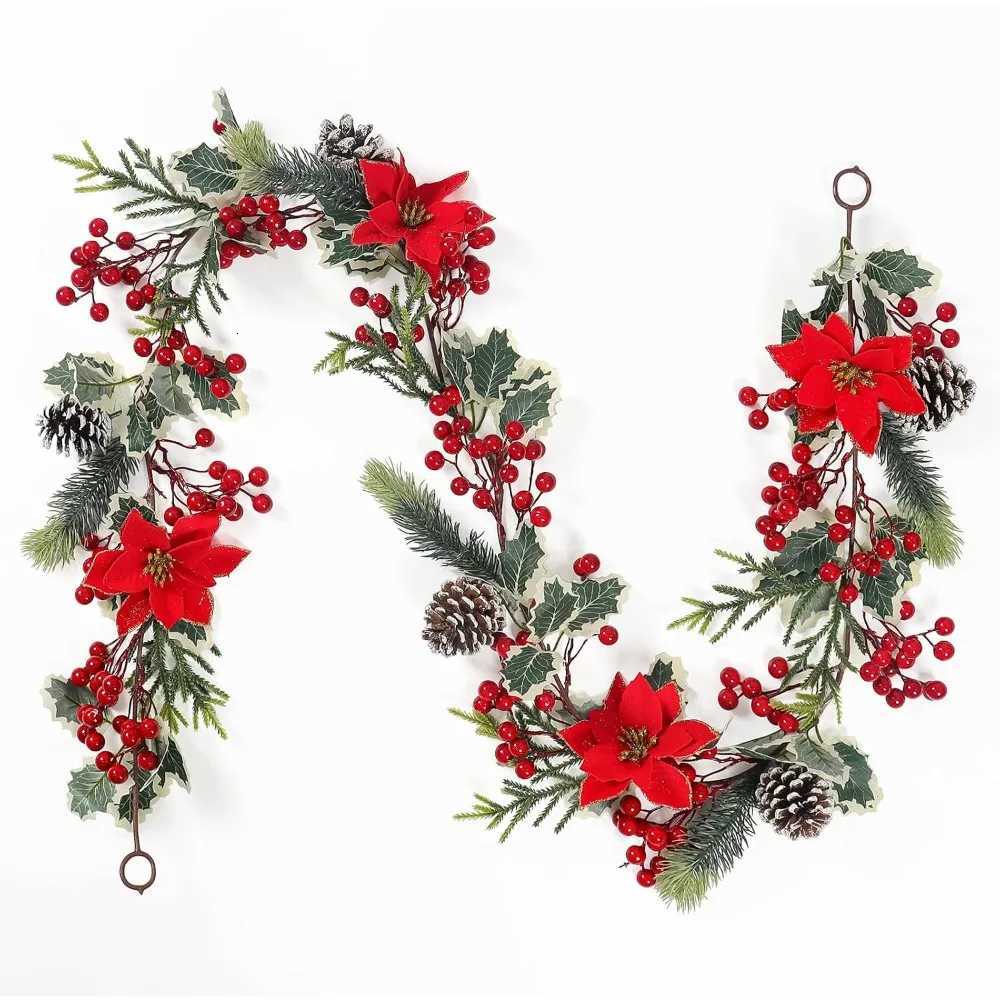 6FT Red Berry Christmas GarlandArtificial Berries Garland with Pine ConesPoinsettia Flowers and Holly LeavesPoinsettia Chris C251126-image-1086195028