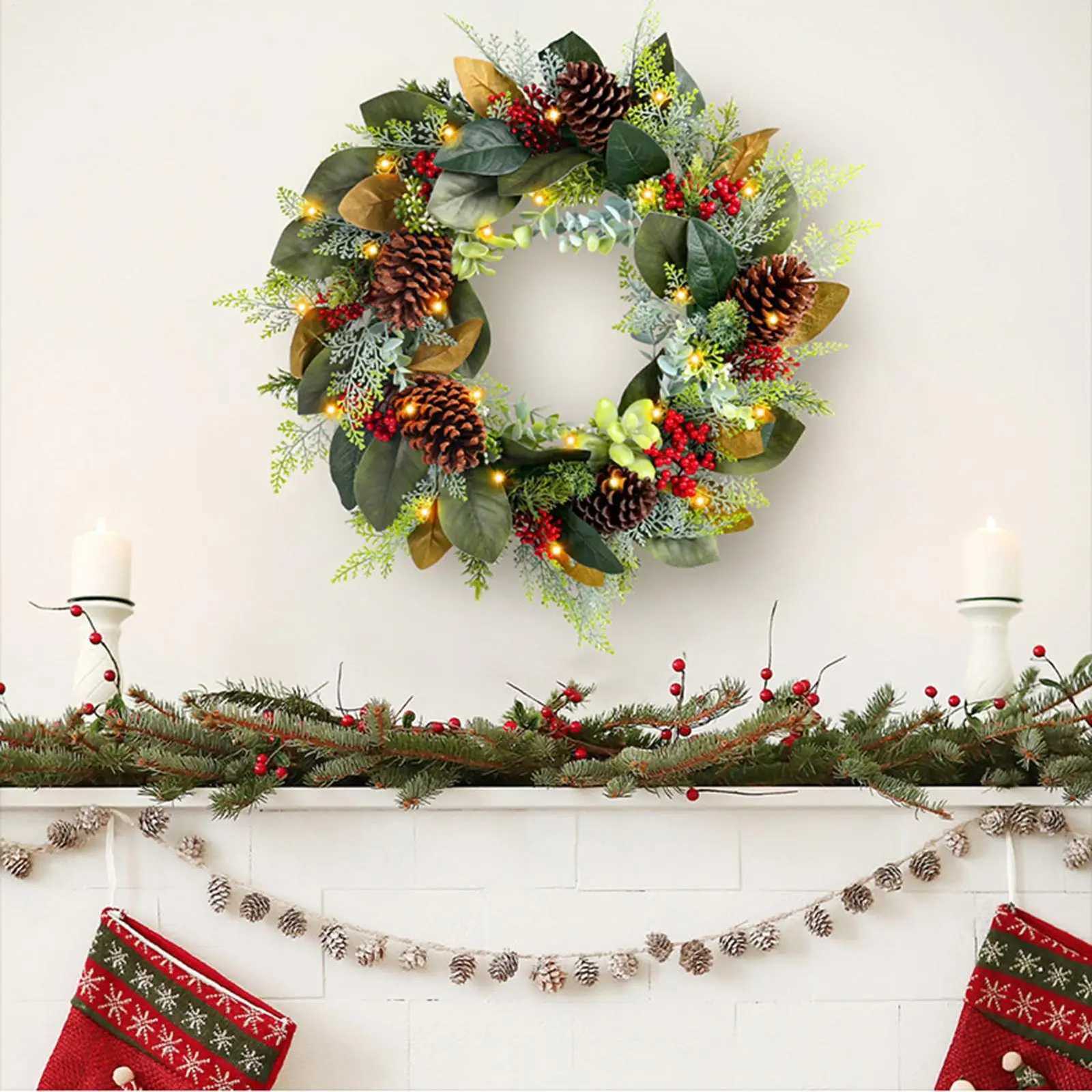 Christmas Door Wreath Light Up 3D Realistic Seasonal Decoration Artificial Pine Wreaths For Home Indoor Outdoor Porch Wall C251126-image-1086196455