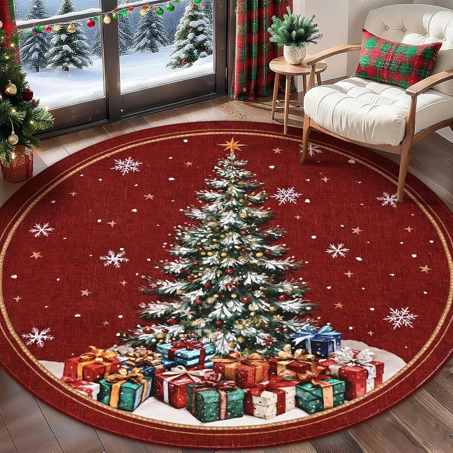 Christmas Round Rug Christmas Tree Washable Round Carpet for Living Room Non Slip Bedroom Mat Rugs for Holiday DecorationsM251126-image-1086170594