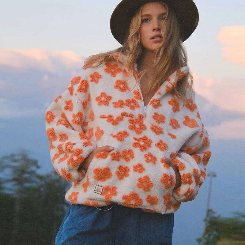 Cute Flower Fleece Hoodie Designer Lady Fall Cozy Sweet Playful Creative Top Winter Chic Casual Trendy Loose Warm Womens Clothes Fashion Cute Flower