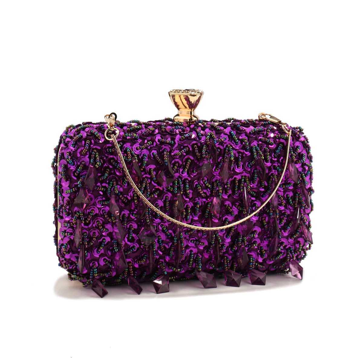 Glitter Party Dinner Evening Bags Purple Color Tassel Acrylic Clutch Bags Flap Fashion Metal Chain Diamonds Handbags Beading W251126