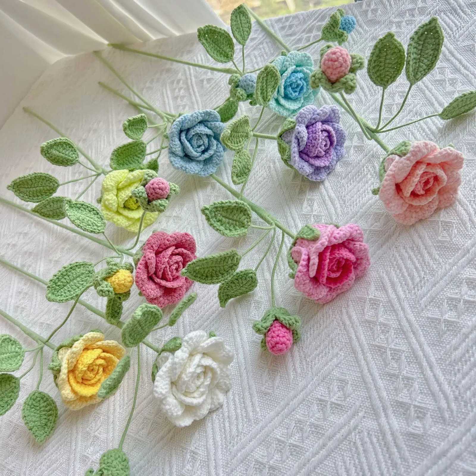 New Rose Crochet Bouquet Romantic Knitted Rose Flower Finished Handwoven Bouquets Wedding Home Decor C251126-image-1086194931