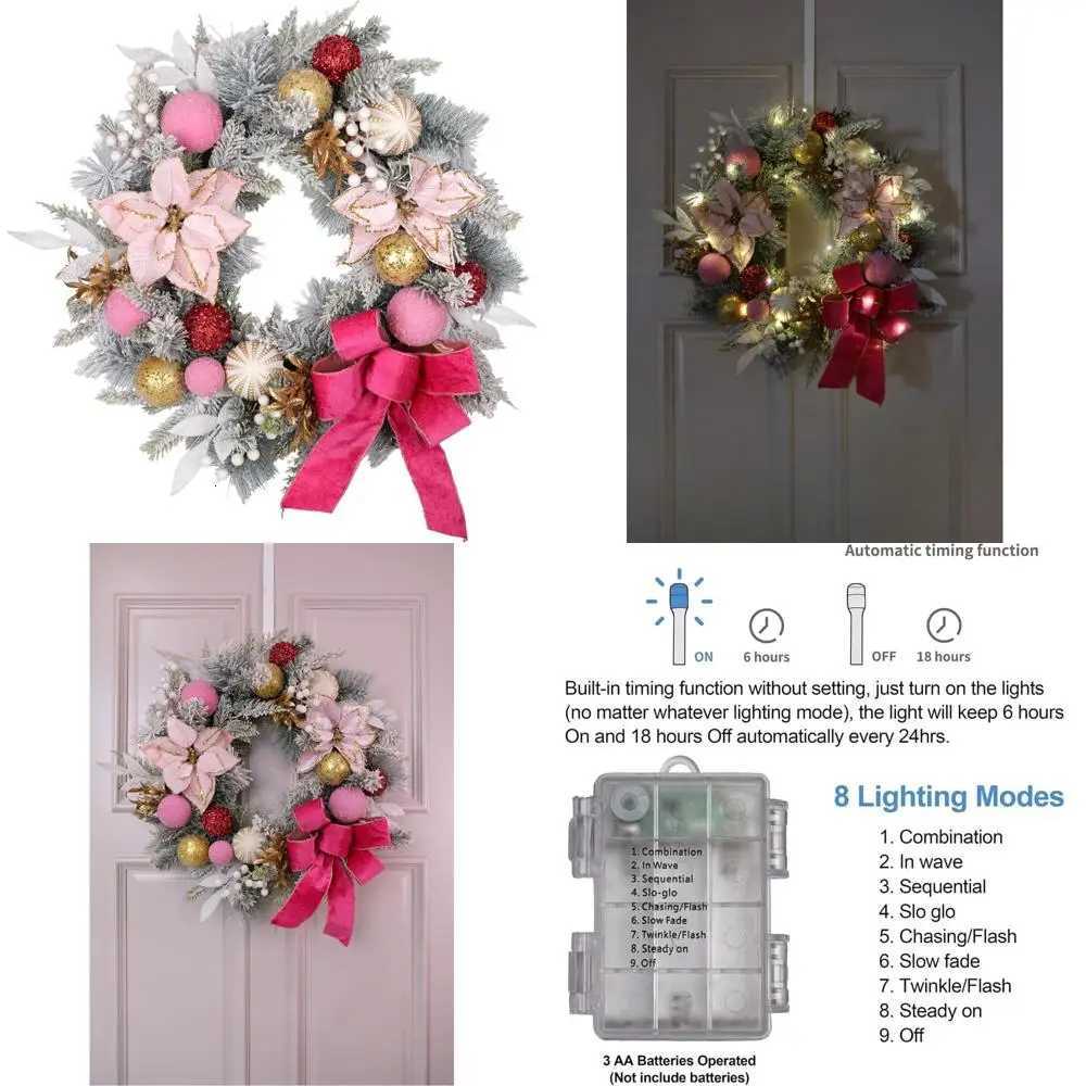 Handcrafted Pink Flocked Pine Christmas Wreath with Flower and Bow Perfect for Front Door Winter Holiday Decor C251126-image-1086198461