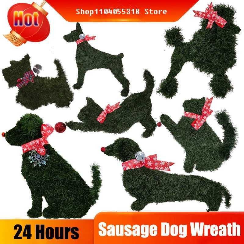 Sausage Dog Wreath Christmas Garland Artificial Branches Green Leaves Garland For Front Door Hanging Wreath Home Garden Decor C251126-image-1086197382