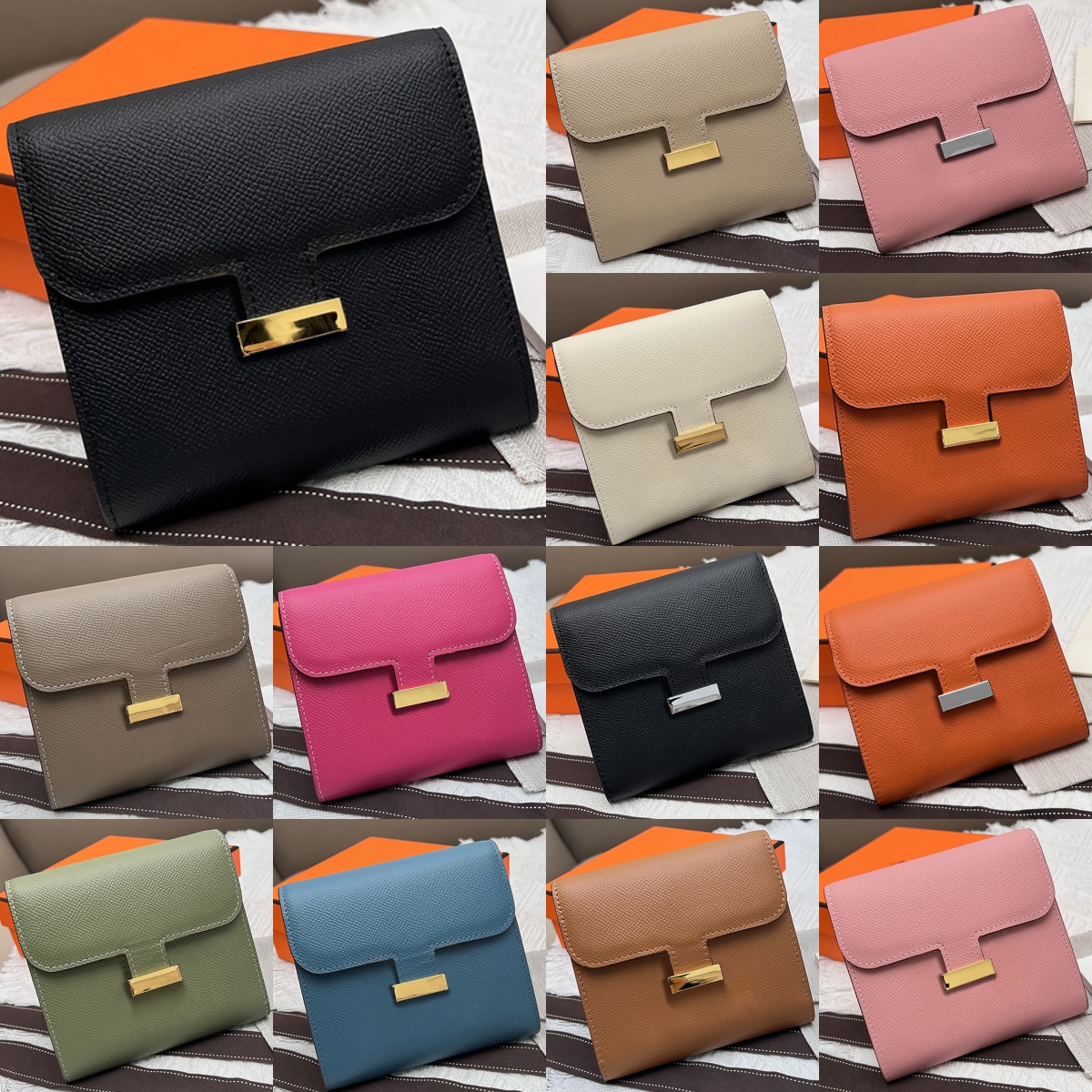 Constance Designer Wallets Leather Mini Purse Women Men Holders Luxury Pink Moneybag Khaki Ladies Billfold Black Beige Blue Gold Silver Metal Buckle