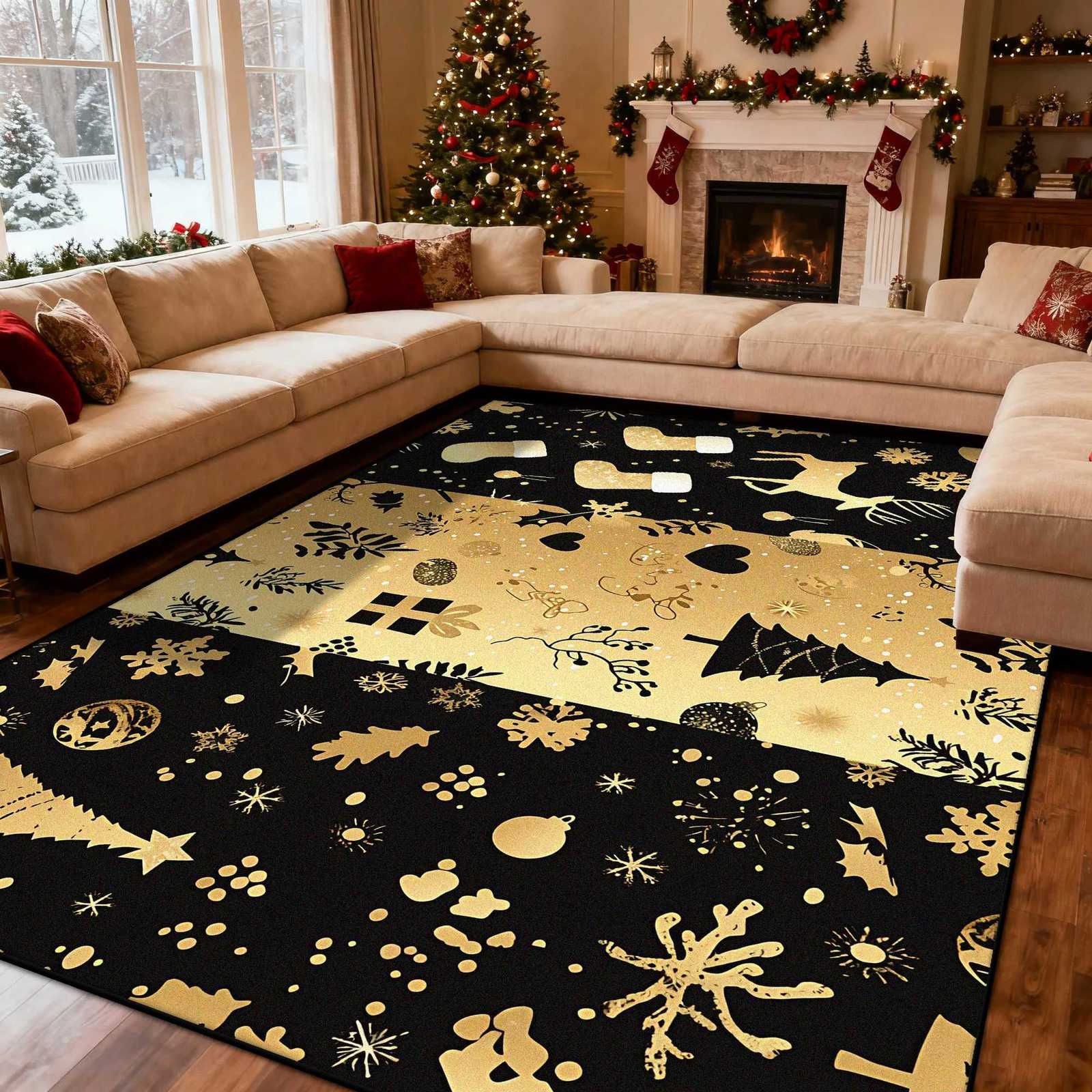 Nordic Black Gold Christmas Easy Clean Living Room Carpet Foldable Plush Large Area Foot Mats Decorate Bedroom Non-slip Soft RugM251126
