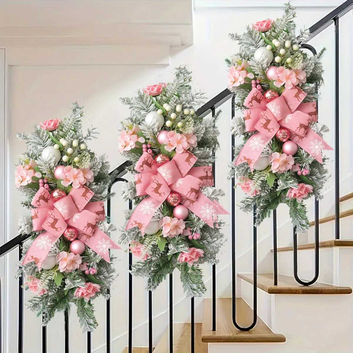 Artificial Christmas Swag Christmas Teardrop Stairs Swag with Large Pink Bow Xmas Balls Holiday Staircase Wreath for Home Decor C251126-image-1086194295
