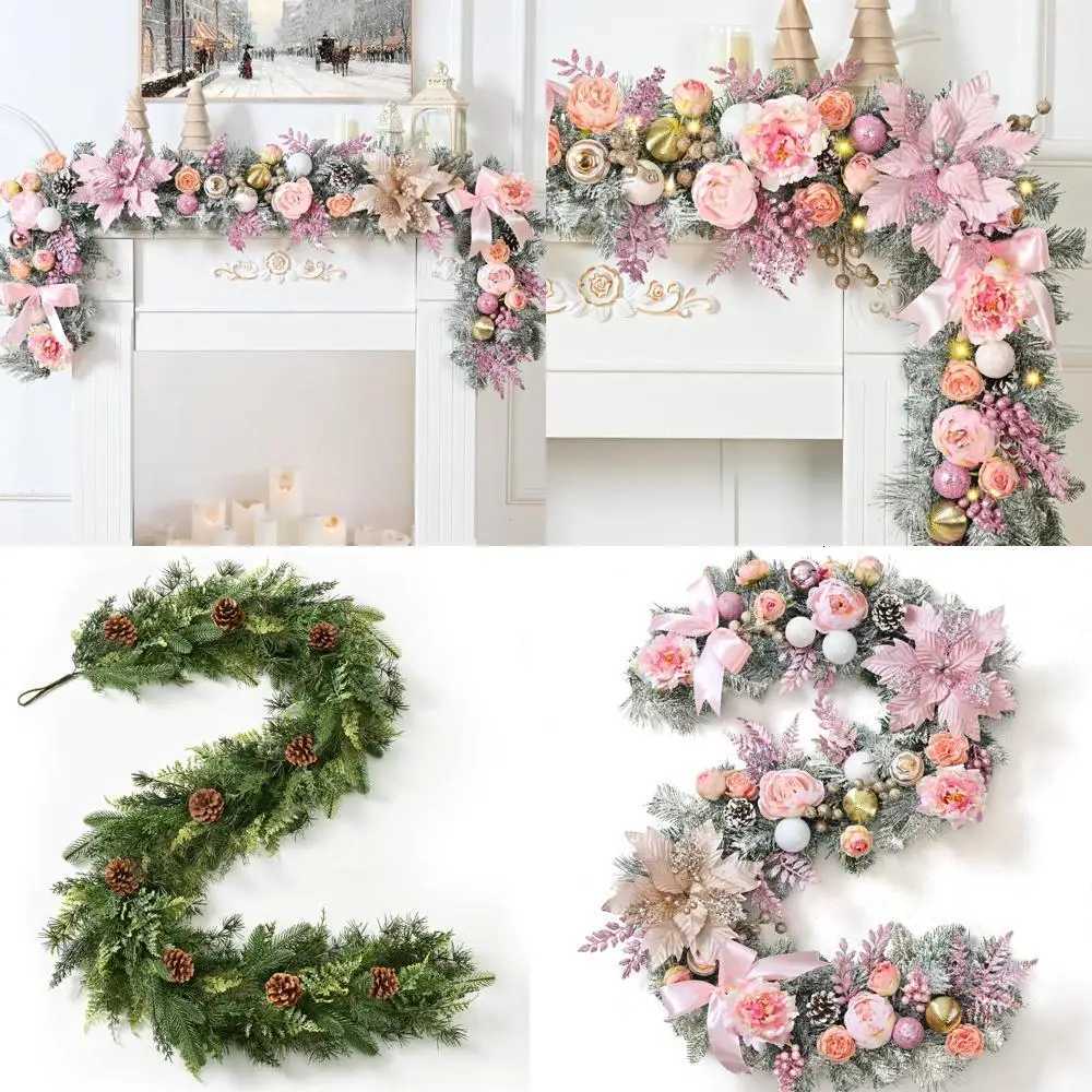 6 Feet Pink Rose Gold Flocked Christmas Garland with LED Lights Decorative Floral Berries Perfect for Holiday Season C251126-image-1086196114