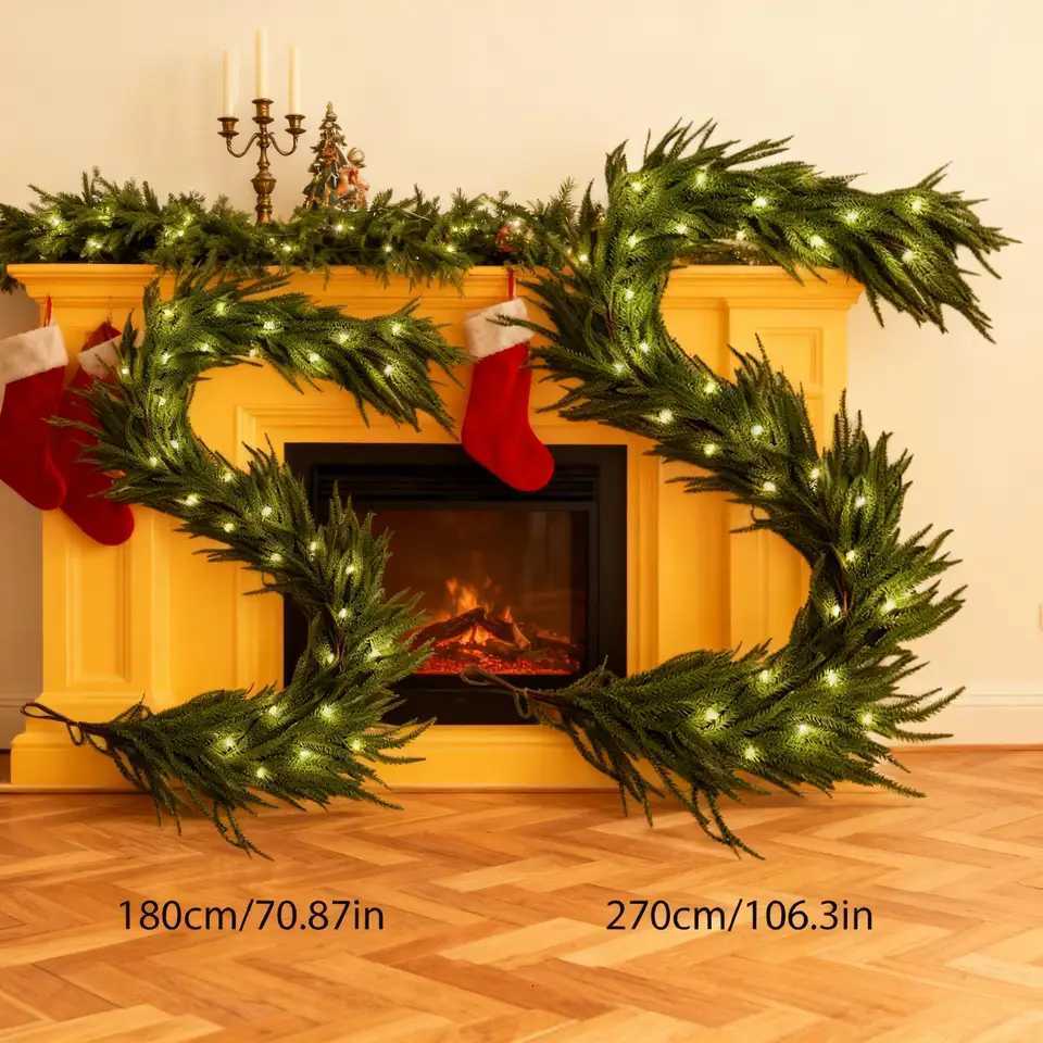 2025 Christmas Norfolk Garland With Lights Simulated Pine Cedar Flower String Changing Waterproof Wreath Indoor Decor C251126-image-1086197669
