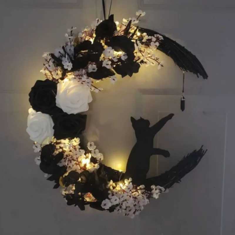 Halloween Moon Wreath Simulated Roses and Black Cat - Door Garland Halloween Home Party Indoor Decoration without Power Supply C251126-image-1086194289