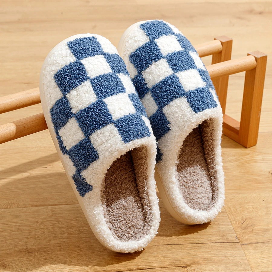 Fashion Retro Checker Womens Winter Warm Home Slippers Couple Indoor Bedroom Plush Anti-slip Soft Sole Leisure Shoes Men 251204