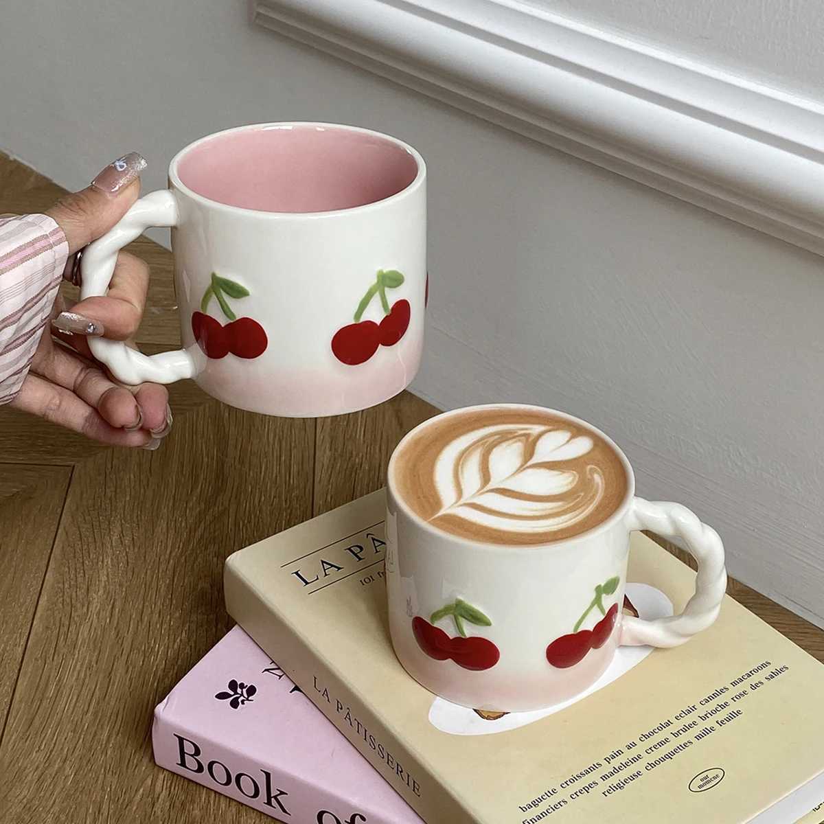 1Pc370Ml Pink Cherry Ceramic Mug Twist Handle Ceramic Cup Exquisite Pink Gradient Cup Suitable for Coffee Shop Latte Art Cup C251127-image-1086388951