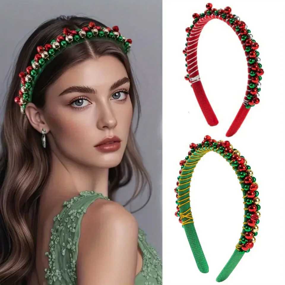1 bandeau de noël avec perles rouges et vertes, cloches dorées, bandeau de fête enveloppé à la main pour femmes, Costume d'elfe, séance photo de