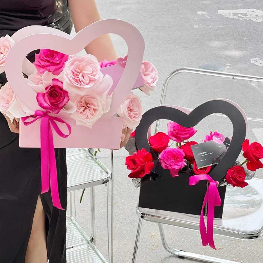 5/10Pcs Heart-Shaped Paper Flower Boxes with Handles Gift Bags for Weddings Valentines Day Mothers Day Graduations Parties C251127-image-1086356153