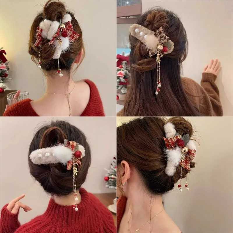 Christmas Plush Bow Tassel Hair Claw Clips Women-Holidays Christmas Day Thanksgiving Gifts Hair Accessories M251127-image-1086322132