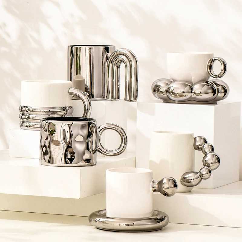Light Luxury Silver Ceramic Mug High Value Coffee Cup Saucer Afternoon Tea Cup Drinking Cup Home Decoration Accessories C251127-image-1086352632