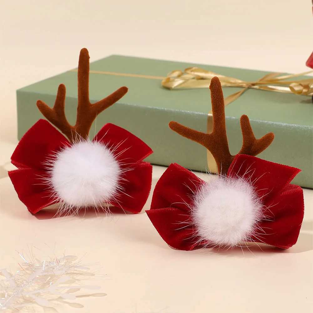 2Pcs Christmas Reindeer Antlers Hair Clips Red Velvet Bow With Fluffy Pom Hairpins For Girls Kids New Year Hair AccessoriesM251127-image-1086322580