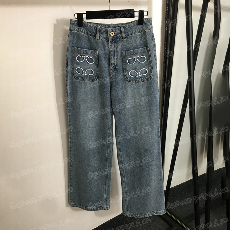 Womens Vintage Straight Jeans Designer Pocket Embroidered Trousers Summer Leisure Versatile Denim Pants-image-933671741