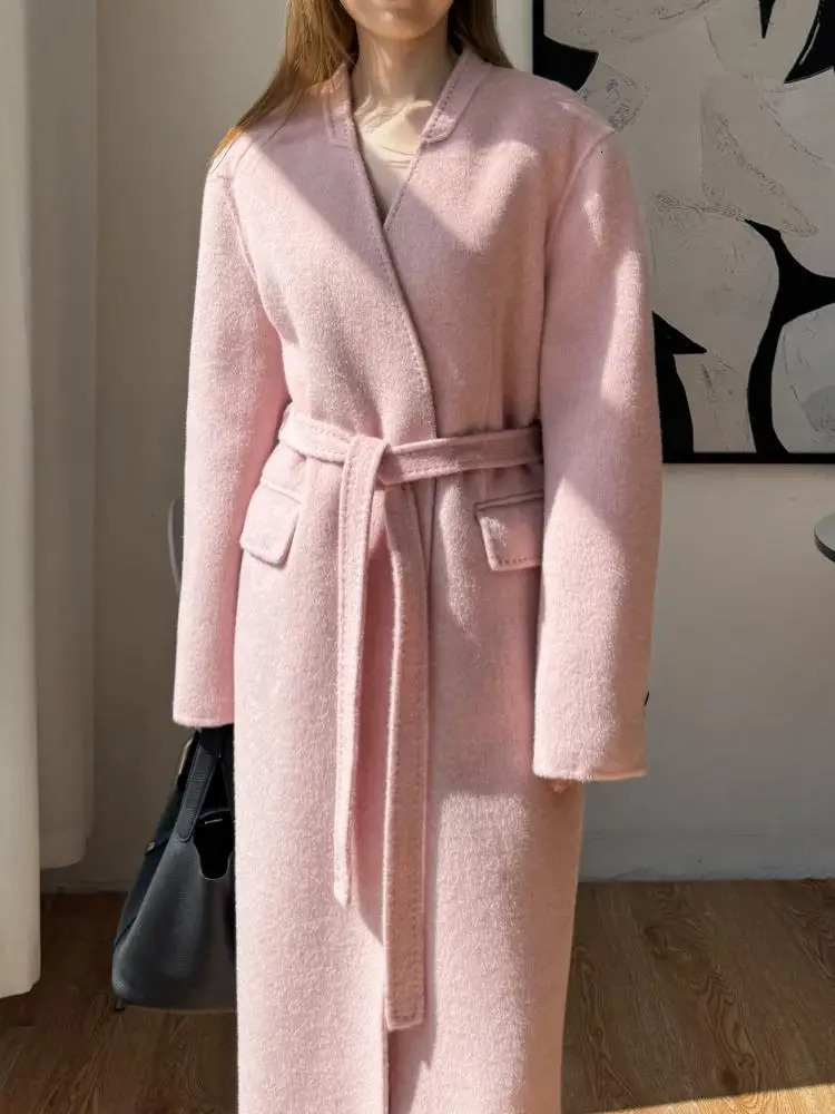 Office Lady Pink LaceUp Cashmere Woolen Jackets Autumn And Winter VNeck Adjustable Loose Womens Long Wool Coats 251126