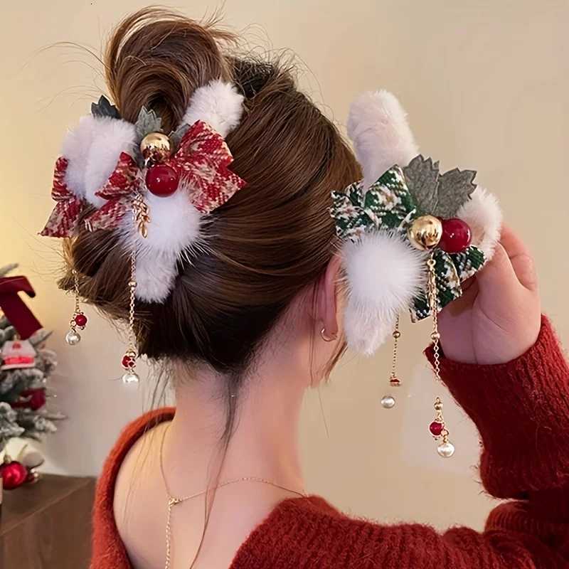 2pcs Elegant Christmas Plush Bow Tassel Hair Claw Clips Women Red Green Rectangular Non-Slip Shark Clips Faux Fur Pine LeavesM251127-image-1086323159