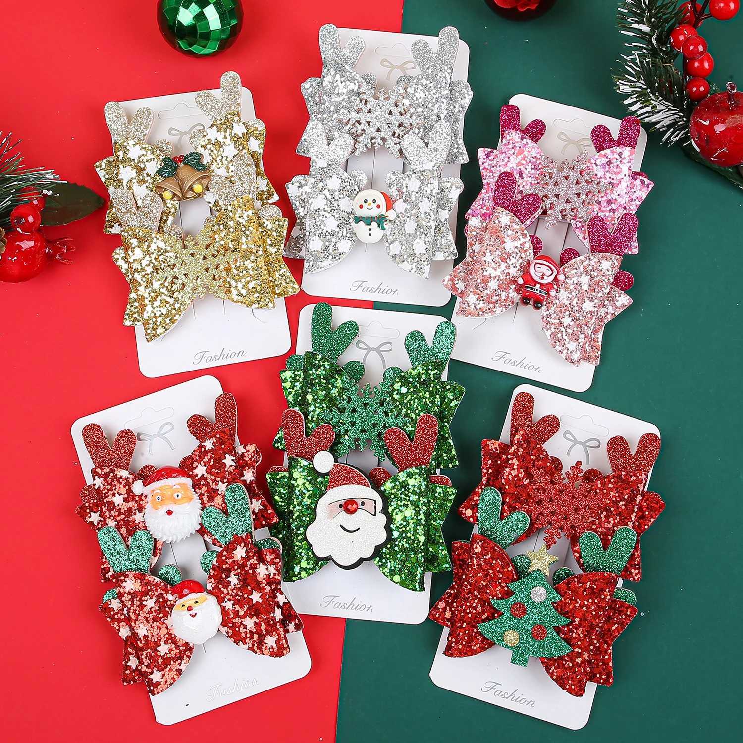 2PCS Cute Girls Christmas Glitter Hair Bows Hair Clips Elk Santa Claus Barrettes Clips Children Christmas Party Hair AccessoriesM251127-image-1086322555