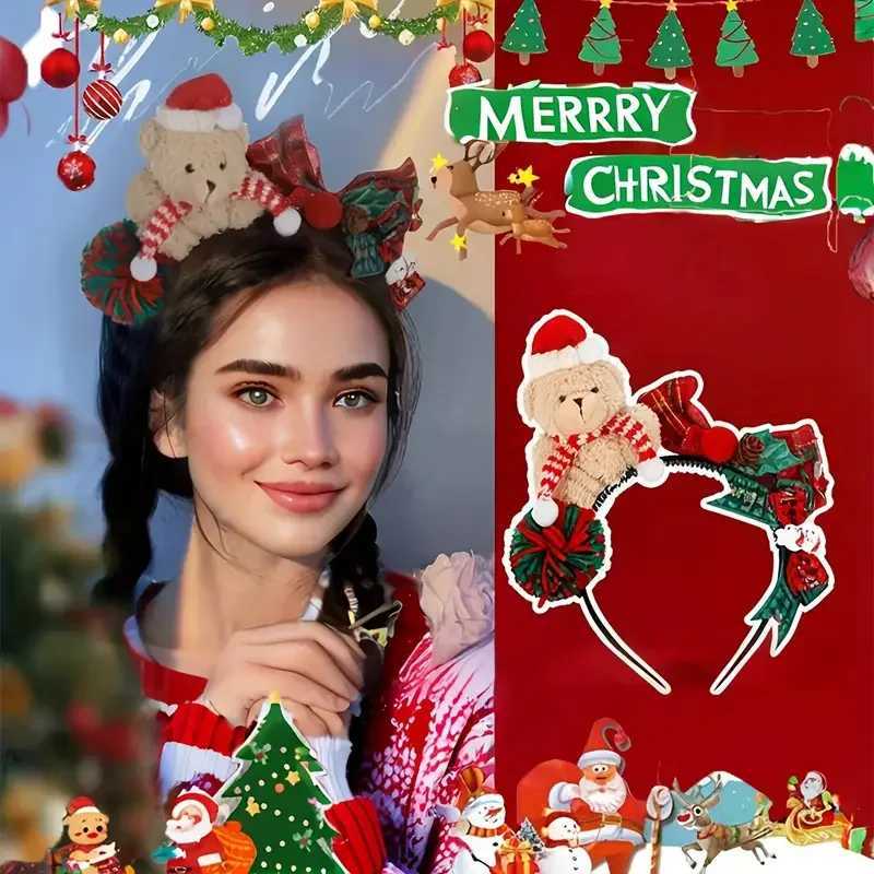 1 senior Christmas plush teddy bear headband with red and green plaid bow Christmas hat and scarf winter celebrationM251127-image-1086322092