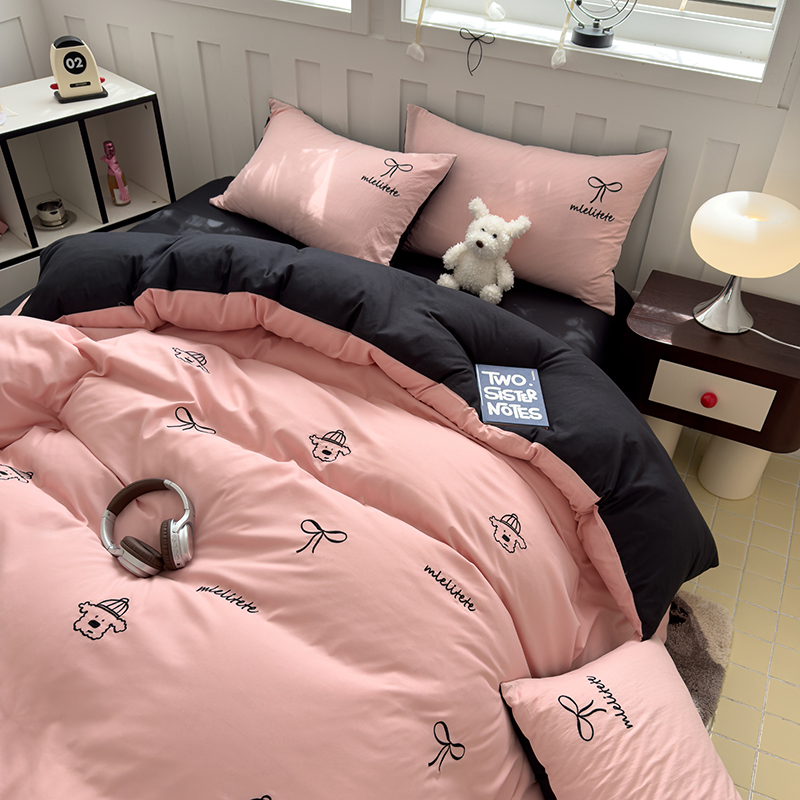 Ins Style Gir Fitted Sheet Bow Towel Bedding Set Embroidery Washed Cotton Four-piece Set Bed Sheet Three-piece-image-1055391377