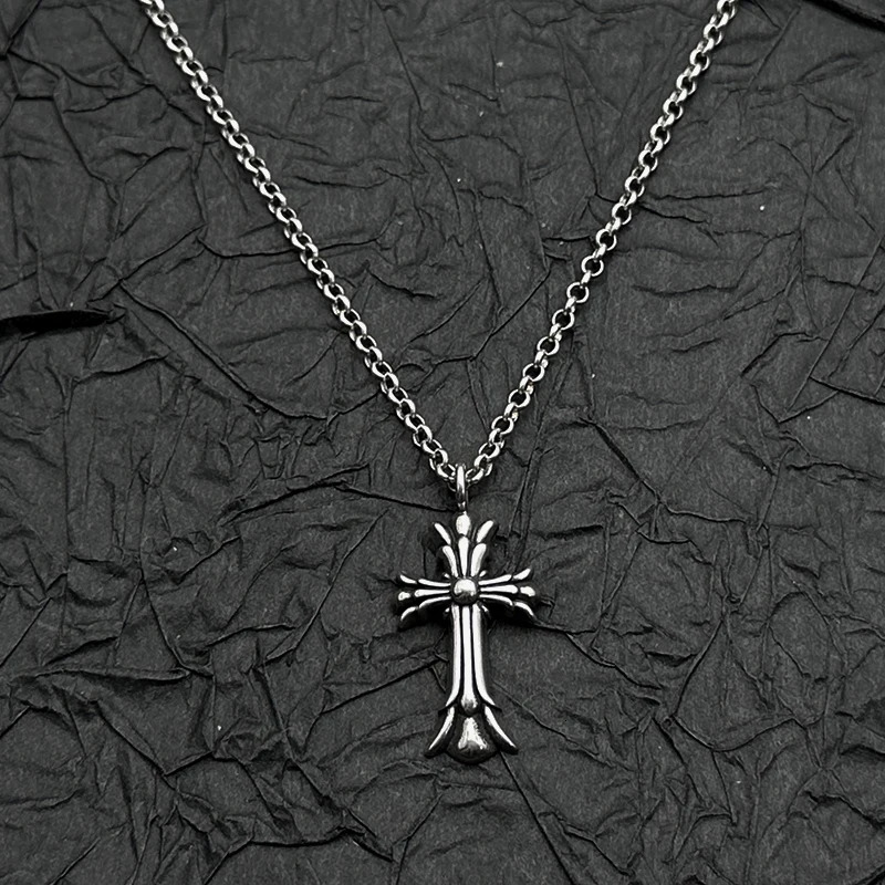 S925 sterling silver retro old small double-layer cross pendant necklace European and American men and women niche 251124
