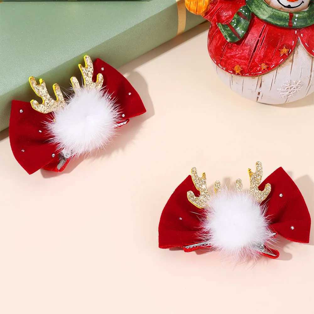 2Pcs Christmas Retro Velvet Bow Hair Clips For Girls Sweet Glitter Reindeer Antlers Rhinestone-embellished Hairpins AccessoriesM251127-image-1086323517