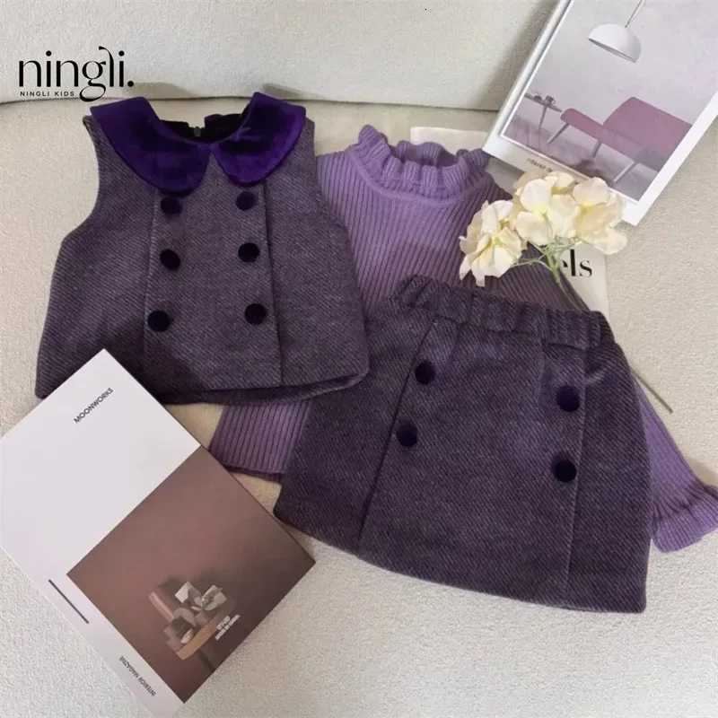 Childrens Clothing Set 2025 Spring New Fashionable Korean Version Woolen Vest Short Skirt T-shirt Three Piece Set H251208-image-1087662432