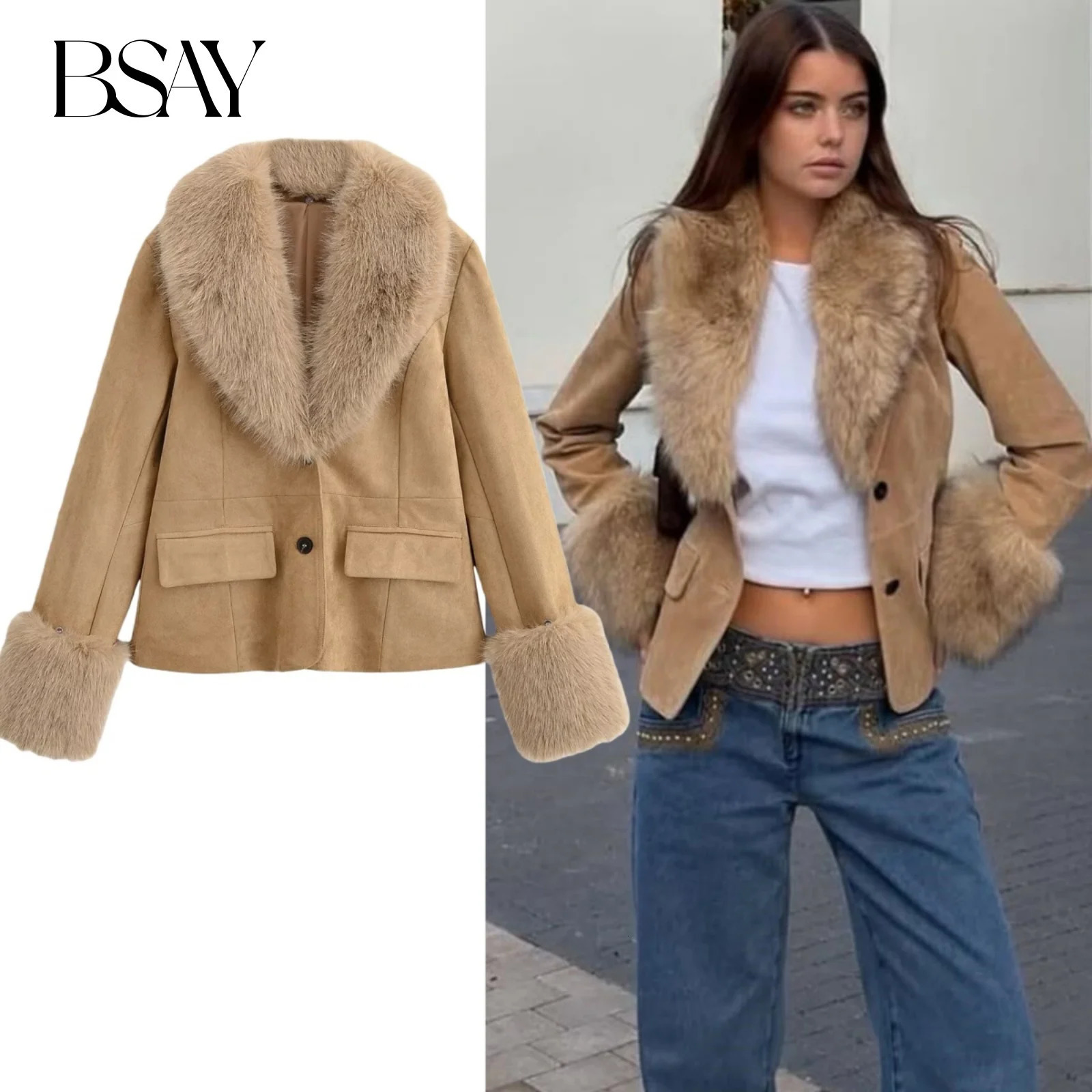 BSAY detachable faux fur collar suede jacket For Women Fashion Autumn Winter Long Sleeve Single Breasted Short Jackets 251126