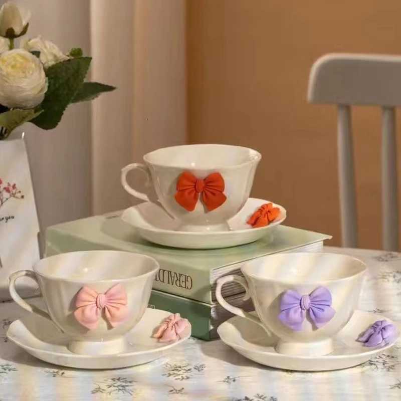 White Ceramic Coffee Cup Saucer Exquisite Bow Mug English Afternoon Camellia Flower Tea Coffee Cup Breakfast Mug Birthday Gift C251127-image-1086355530