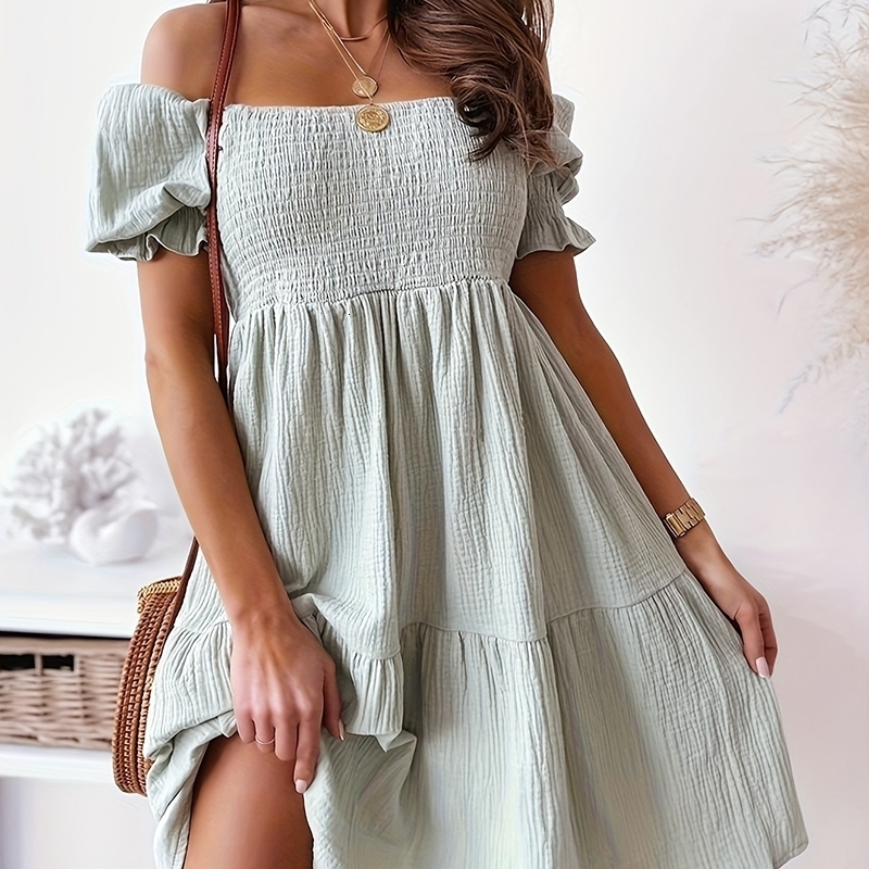 2025 SpringSummer Womens Casual Shoulder Dress with Ruffles Bubble Sleeves Medium Length Elasticity Elegant 250409Z