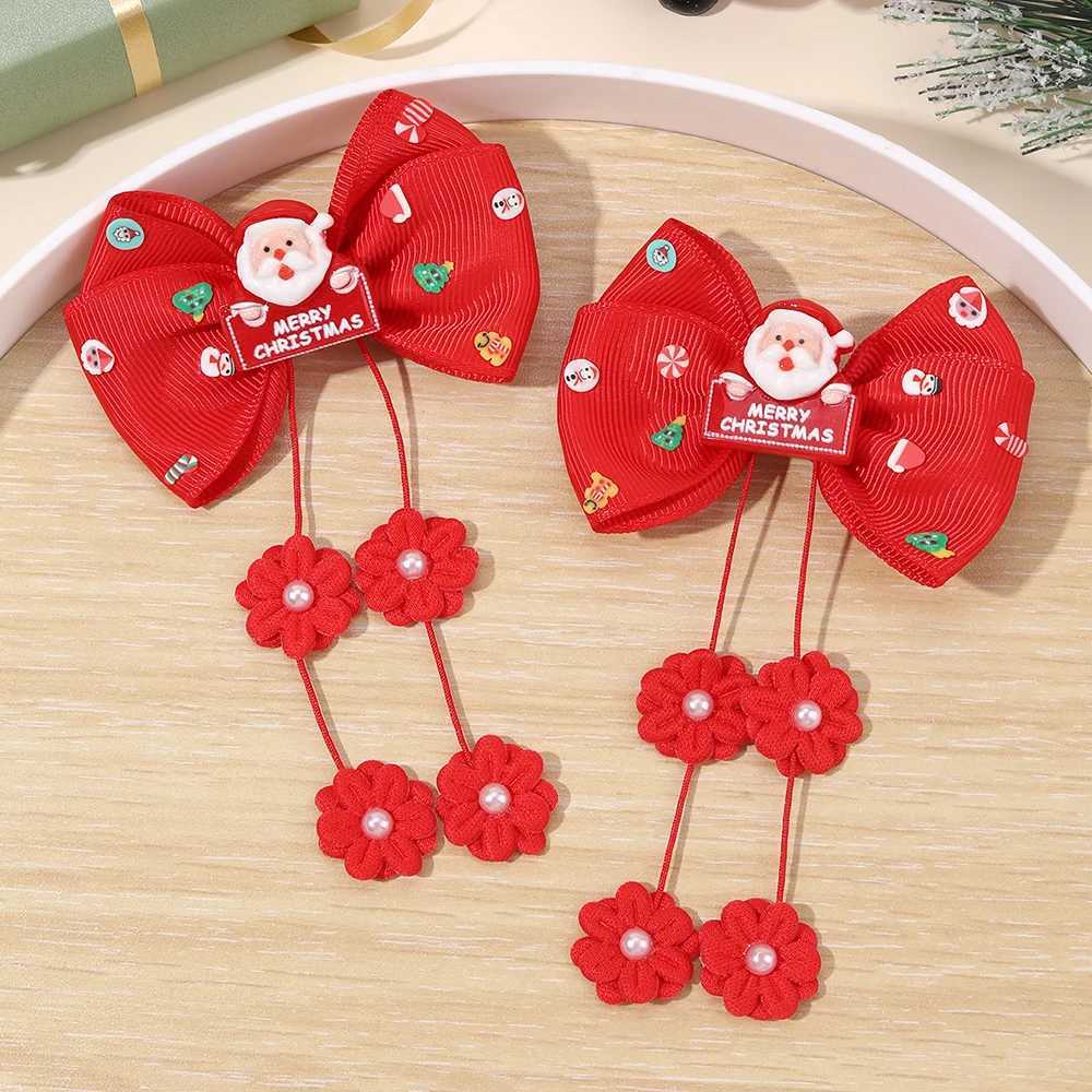 2Pcs Christmas Cartoon Santa Claus Bow Hair Clips For Girl Red Floral Tassel Hair Accessories Festive Xmas Party Hair DecorationM251127-image-1086322348