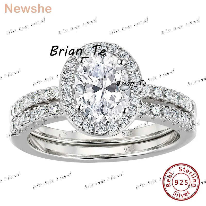 NEWSHE 925 Anneaux de mariage en argent sterling ensemble pour les femmes Simulate Diamond 3.2CT HALO OVAL CUBUM CUBIC Zircon Engagement Anneau d