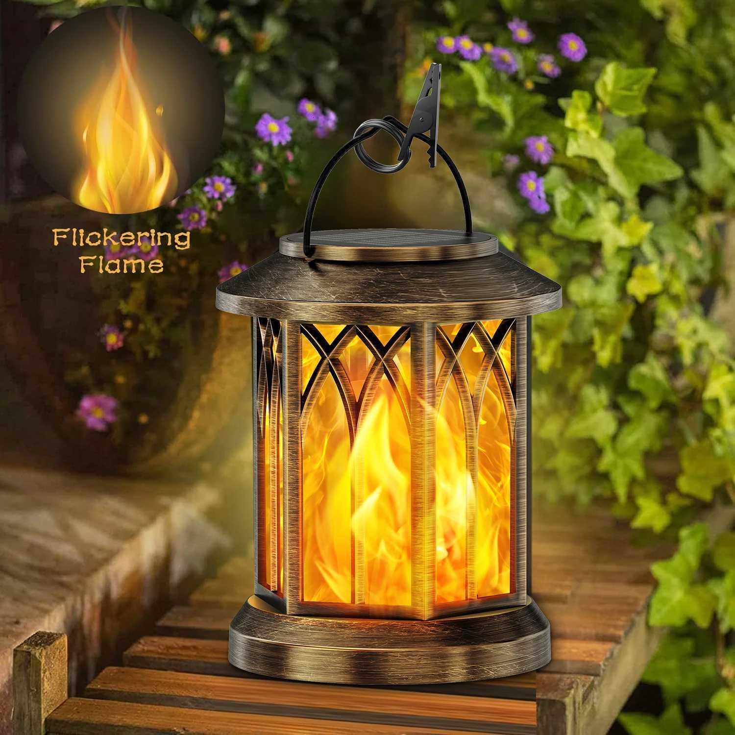 Paquet de 2 lanternes solaires à flamme vacillante améliorées lumières lampes solaires suspendues extérieures pour jardin Bronze/noir M251127