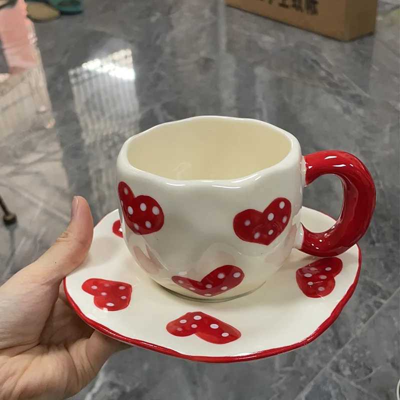350ml Hand-painted Red Heart Ceramic Coffee Cup Dish Set High Beauty Large Capacity Latte Flower Cup Plate Creative Water Cup C251127-image-1086353574