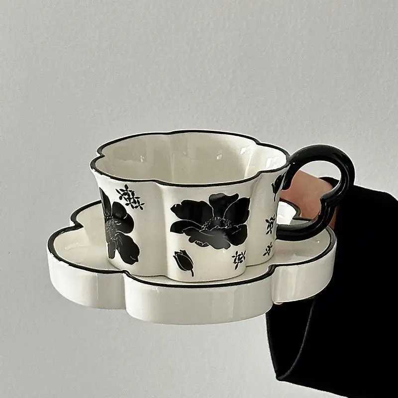 Printed Coffee Cup Dish Set High-end Ceramic Mug Household Afternoon Tea Handle Drinking Cups Exquisite Patchwork Flower Plates C251127-image-1086352959