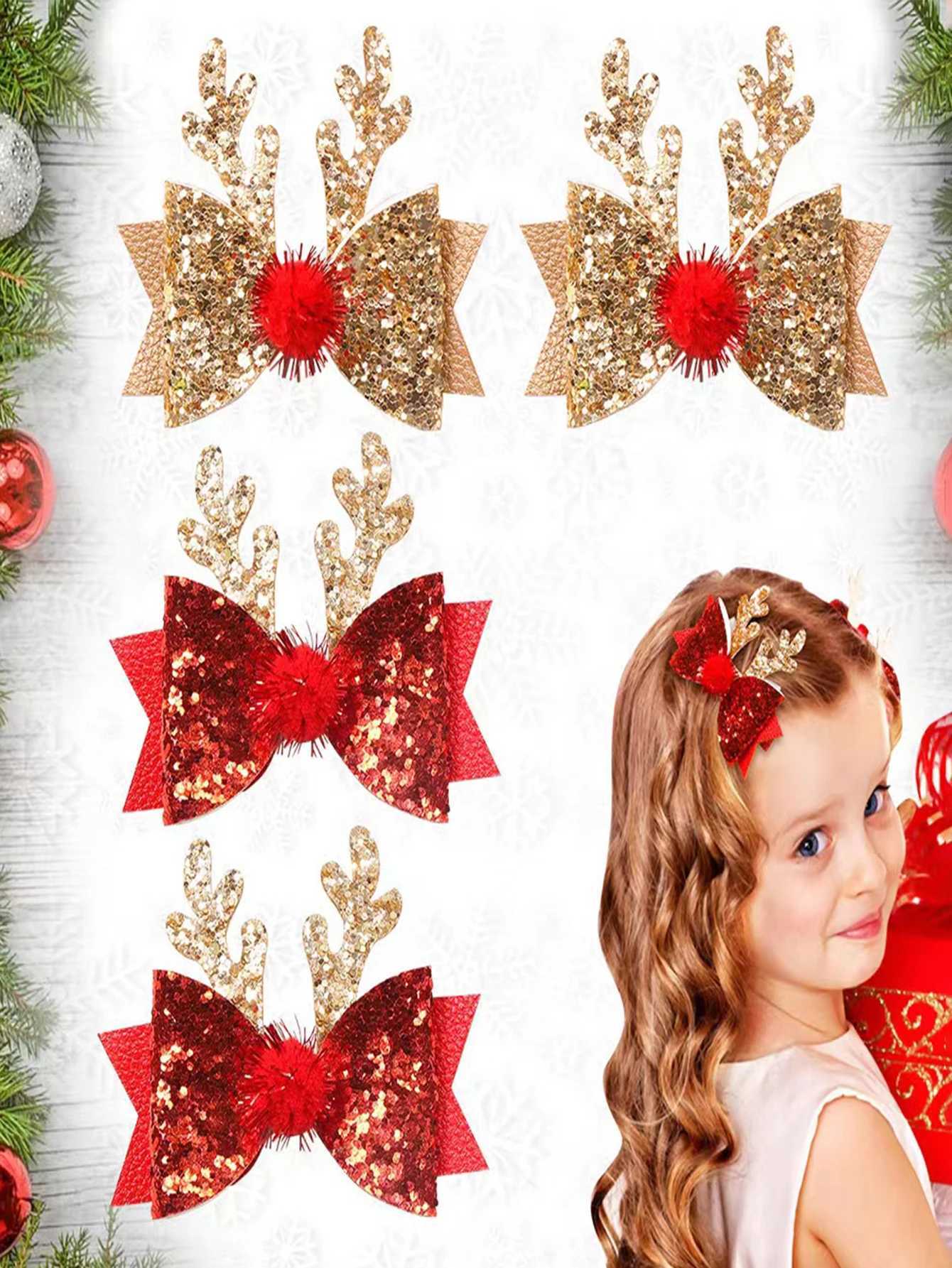 A pair of childrens Christmas deer antler hair clips womens jewelry glittering pink Glitter edge clip fur ball elk bow heaM251127-image-1086322058