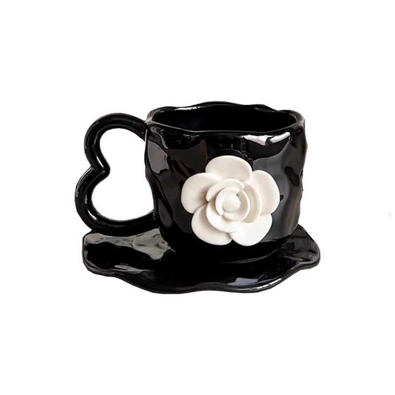 Hand-squeezed Relief camellia coffee cup saucer household retro style ceramic milk cup water cup C251127-image-1086355840