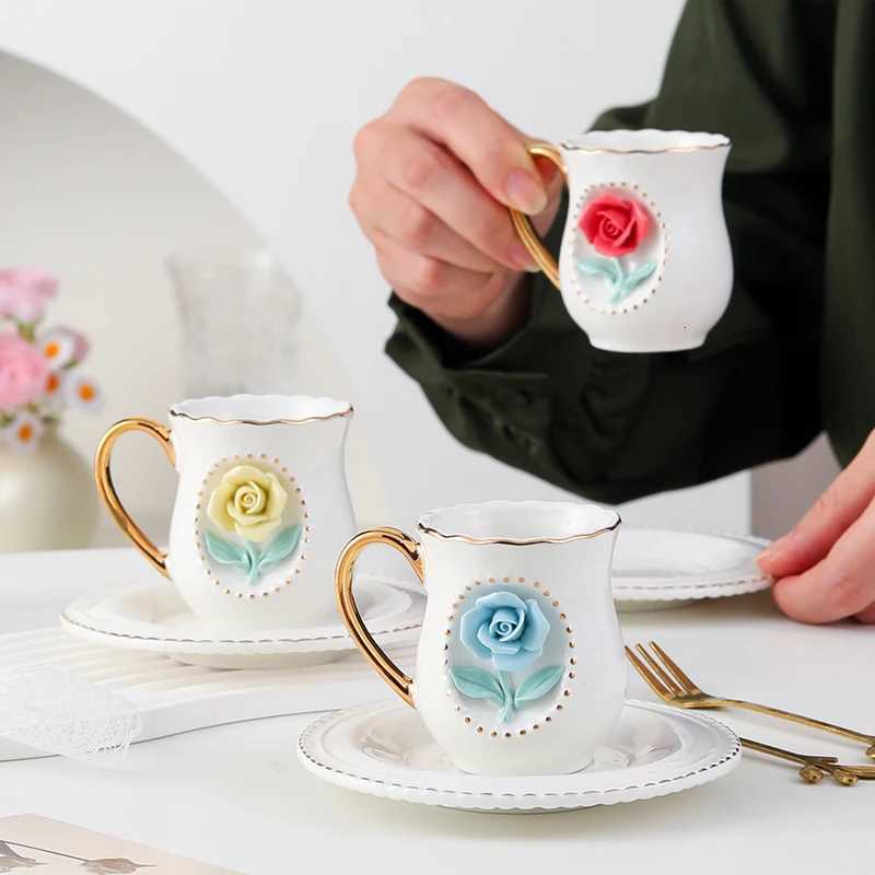 Ceramic rose cup coffee cup plate set handmade ceramic flower cup C251127-image-1086355691