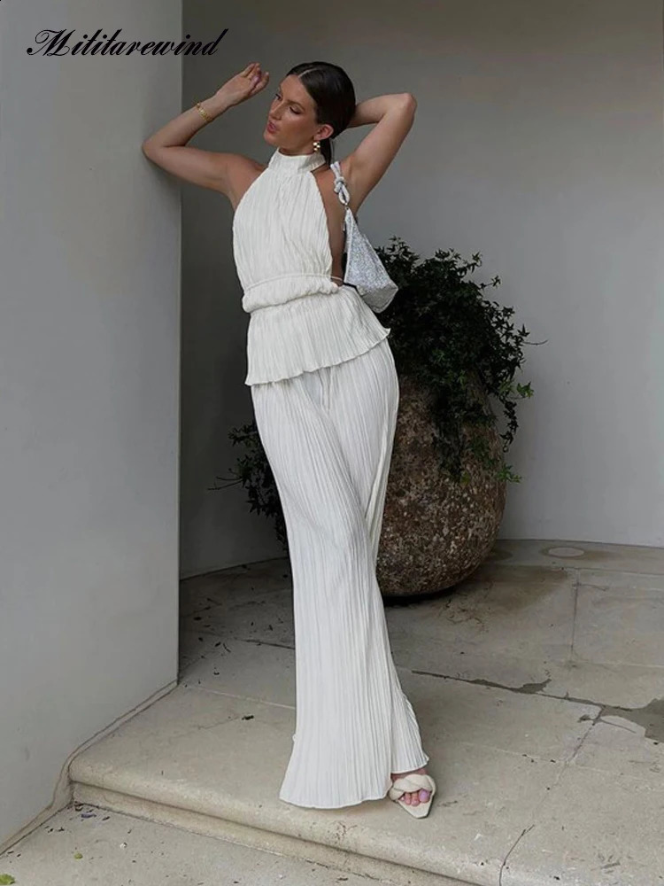 Summer two-piece pants set for womens sexy backless camisole top and full length high waist wide leg pants pleated pants set for women 250427