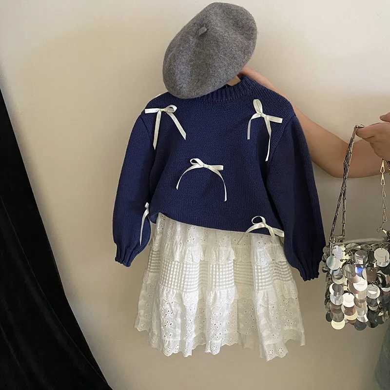 Childrens Clothing Set Korean Bow Knit Sweater 2025 Autumn New Lace Cake Skirt Set Trend H251208-image-1087662434
