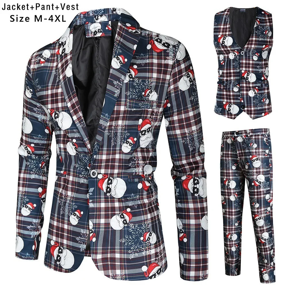 Snowman Plaid 3 Piece Casual Business Printed Suits Mens Christmas Party Suit Funny Costume Novelty Xmas Jacket Trousers Vest 251126