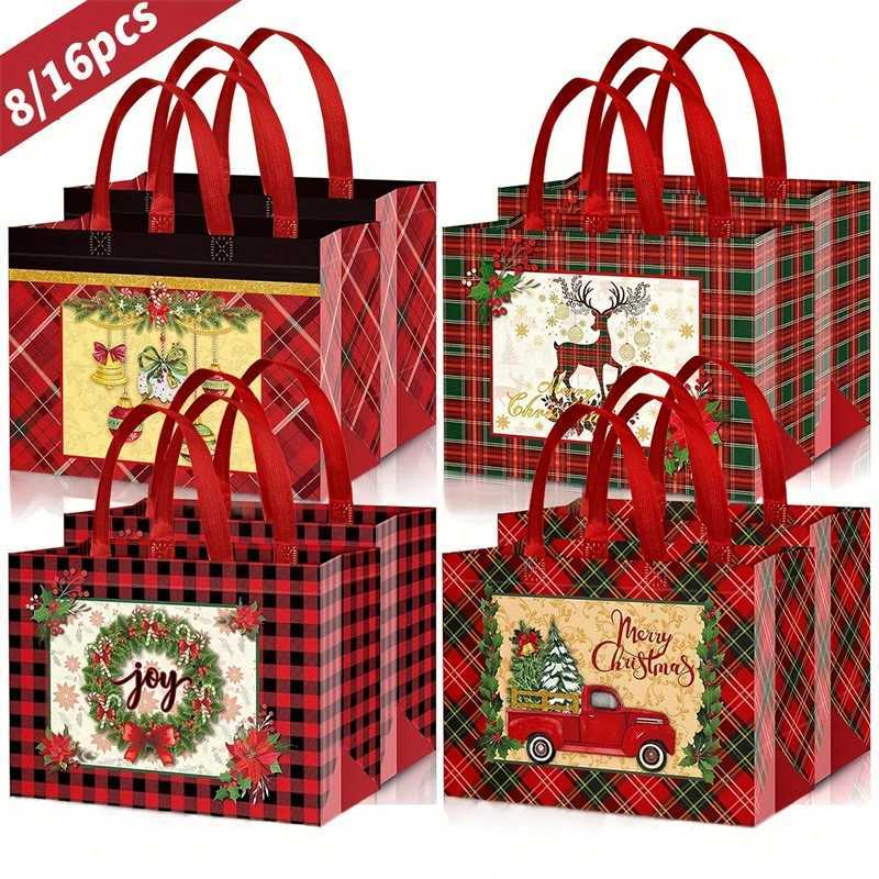 8/12Pcs Christmas Plaid Tote Bags Reusable Red Green Grocery Shopping Bags Non Woven Gift Party Treat Goodie Favors C251127-image-1086356072