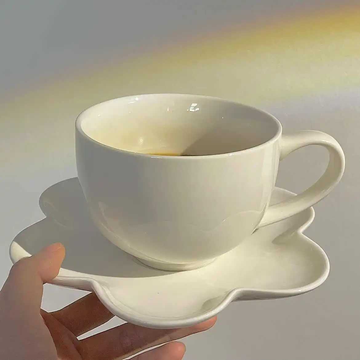400ml Pure White Ceramic Coffee Cup Plate Set Large Capacity Flower Shaped Dish Korean Style Girls Heart Milk Cup Saucer Sets C251127-image-1086355554